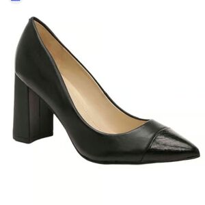 Marc Fisher Velda Pointed Cap Toe Block Heel Pumps Black Snakeskin